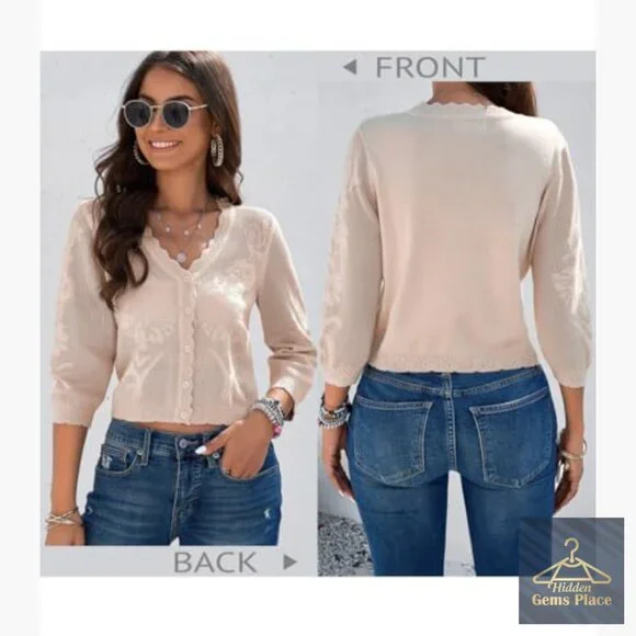 Cropped Cardigan Sweater Lightweight 3/4 Sleeve Button Down Crochet Textured - Picture 4 of 7